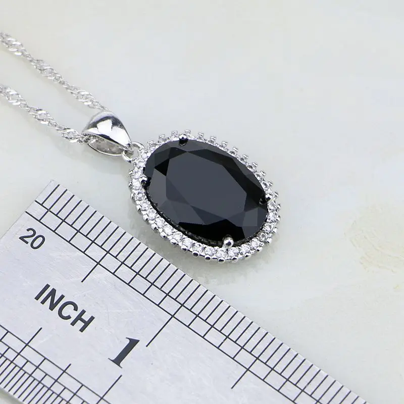 Round Shaped Black Stones White Zircon Sterling Silver Jewelry Sets For Women Wedding Earrings/Ring/Pendant /Necklace