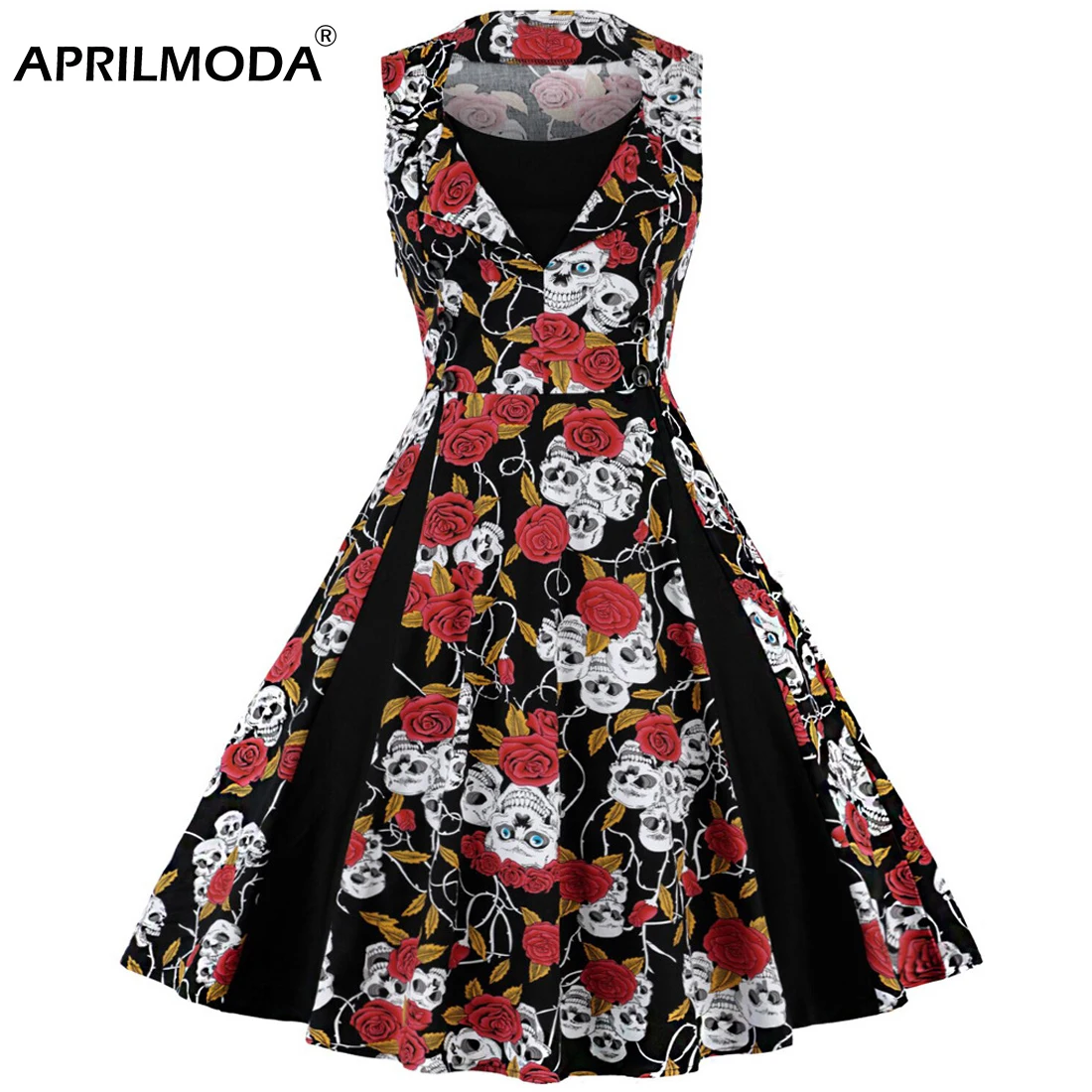 2024 Skull Print Halloween Party Midi Dress 5XL 4XL Retro Vintage Swing Rockabilly Dot Floral Patchwork Casual Holiday Tea Dress