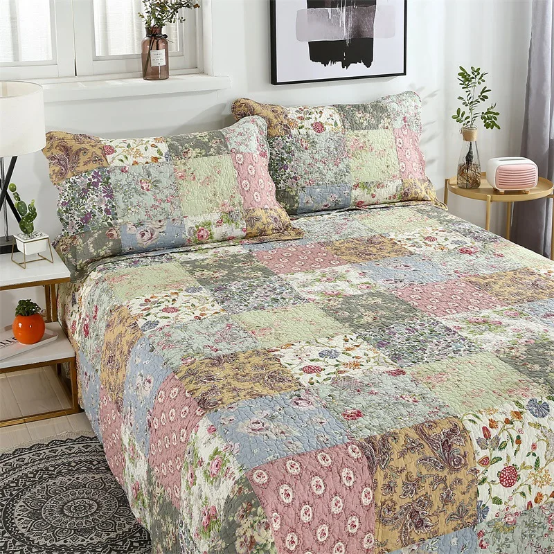 CHAUSUB Quilt Set 3pcs Bedspread on the Bed Cotton Floral Patchwork Coverlet Quilted Bed Cover with 2 Pillowcase Queen Size