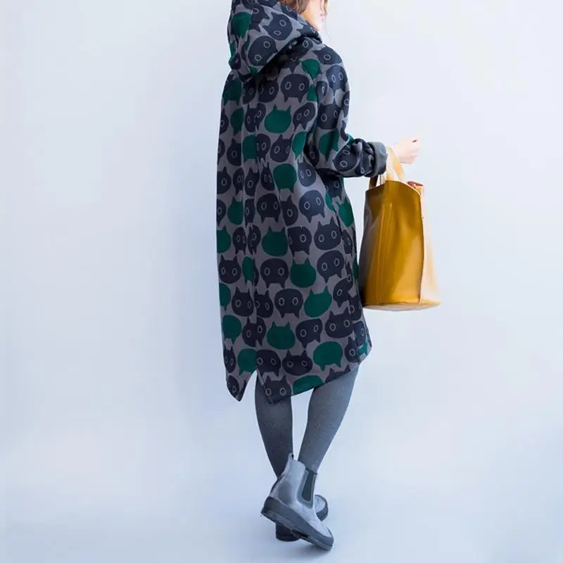 Vestido con capucha de gato de gran tamaño para mujer, vestido largo con estampado de dibujos animados Kawaii, Vintage, terciopelo grueso, otoño e