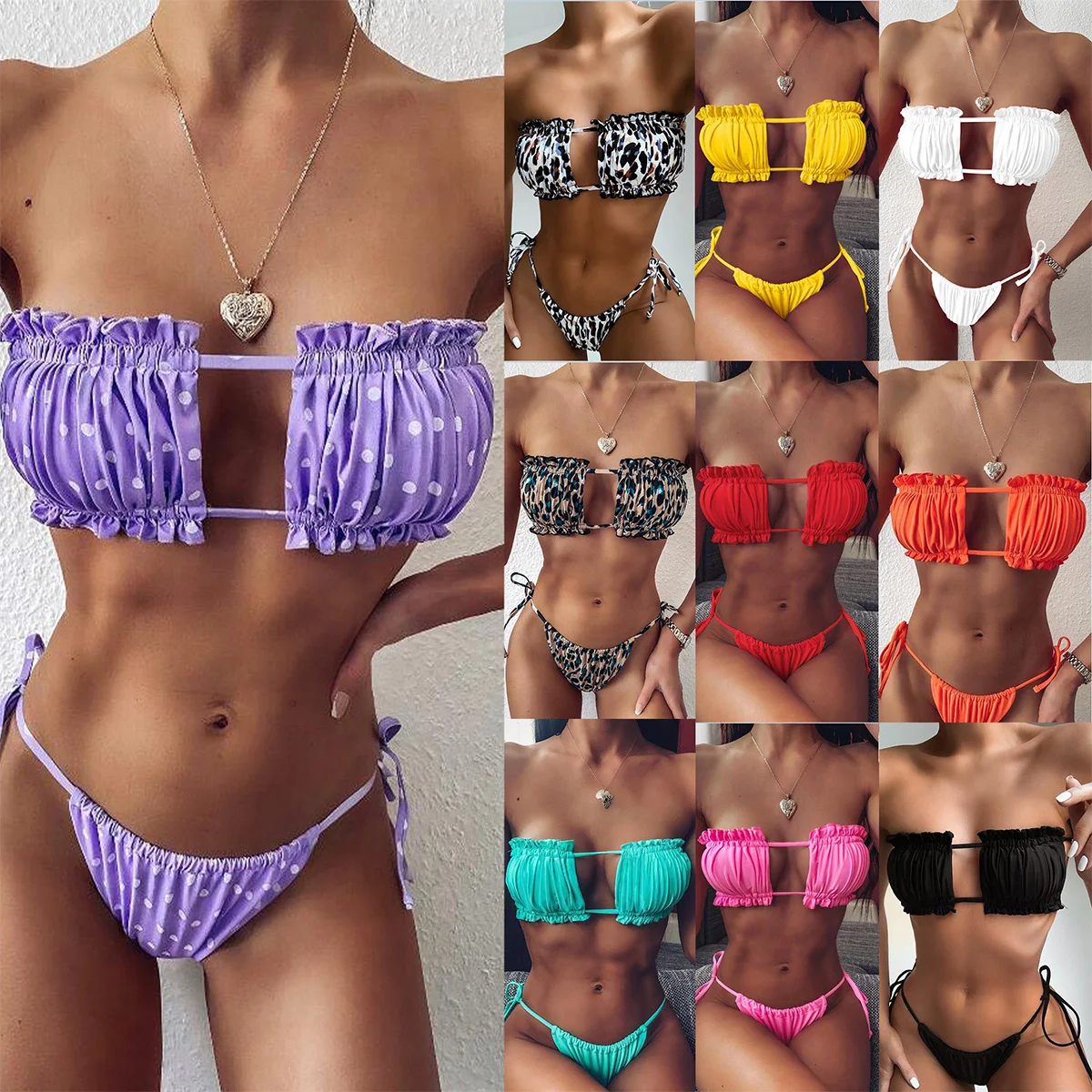 Sexy Bikini 2023 Pleated Bandeau Swimsuit Female Swimwear Women Mini Thong Bikini Set Bather Swimming Beachwear for Bathing Suit