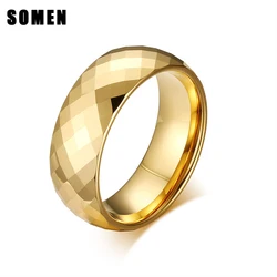 High Quality Fashion 8mm Tungsten Mens Ring Rhombus Cut Bands Gold Color Rings for Men Wedding Engagement Jewelry Accessories