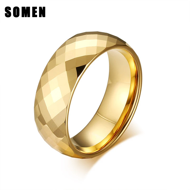 High Quality Fashion 8mm Tungsten Mens Ring Rhombus Cut Bands Gold Color Rings for Men Wedding Engagement Jewelry Accessories