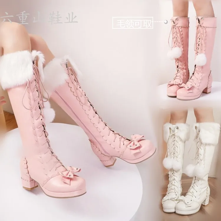 Japanese autumn winter Lolita loli boots  plus cashmere keep warm sweet bow girls high-heeled girls kawaii snow boots loli