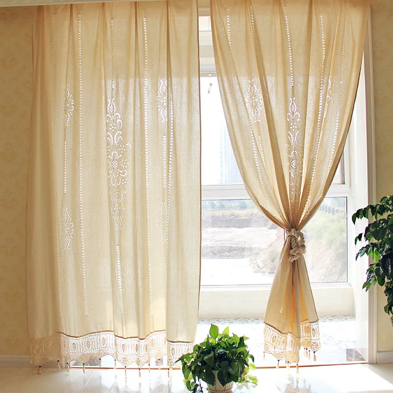 

Pastoral Natural Cotton Linen Curtains with Tassels Crochet Hollow Out Lace Edge Cortinas for Living Room Blinds Shower Curtains