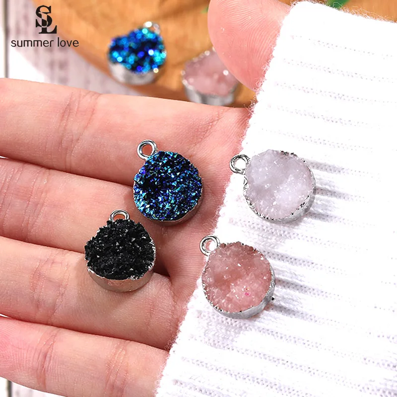 10PCS Wholesale Round Resin Druzy Charm for Diy Earring Necklace Making Silver Color Necklace Pendant Accessory Jewelry Findings