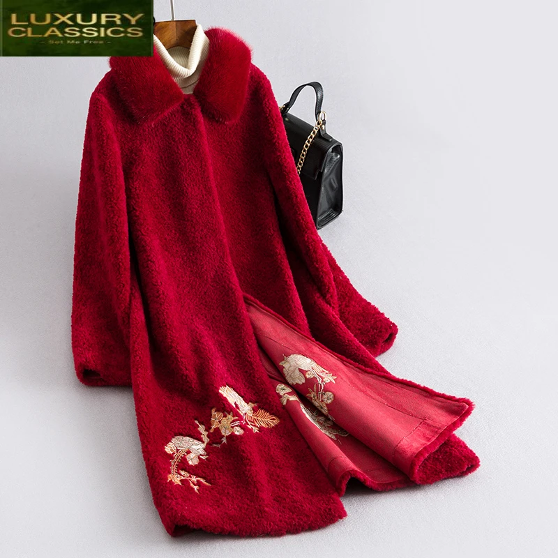 Female Real Fur Coat Embroidery Vintage Mink Fur Collar Sheep Shearing Jacket Women Clothes 2021 Korean Wool Coats 2094