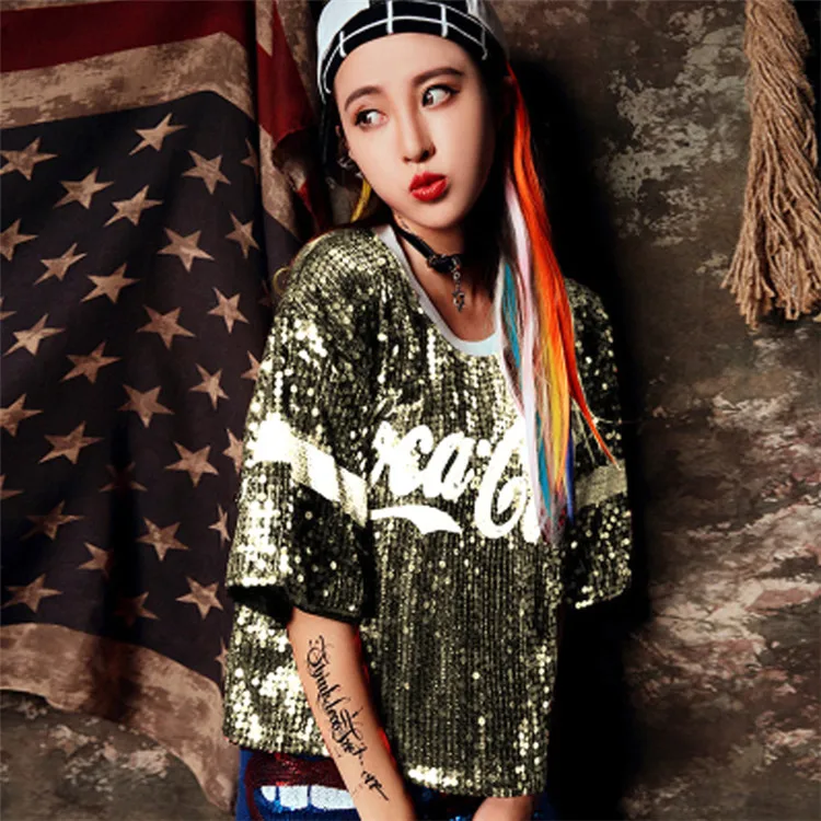 Sequined Hip Hop Streetwear T-Shirt Women Loose New Stitching Short Sleeved Female Letter Print Night Club T-Shirt