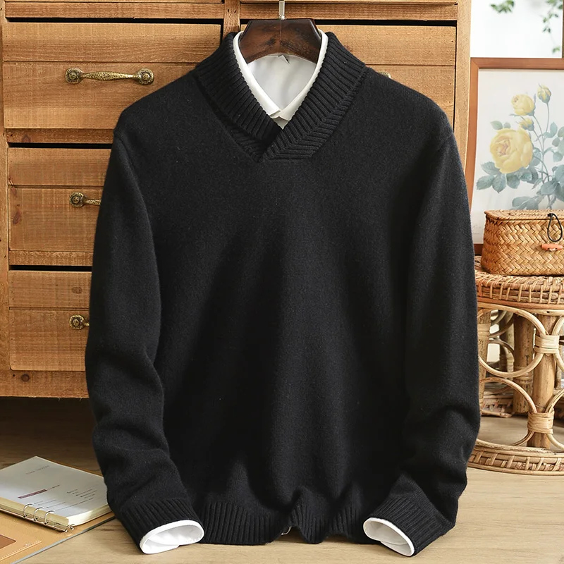 Pure cashmere sweater men\'s lapel sweater winter double-strand thick middle-aged warm solid color knitted bottoming shirt