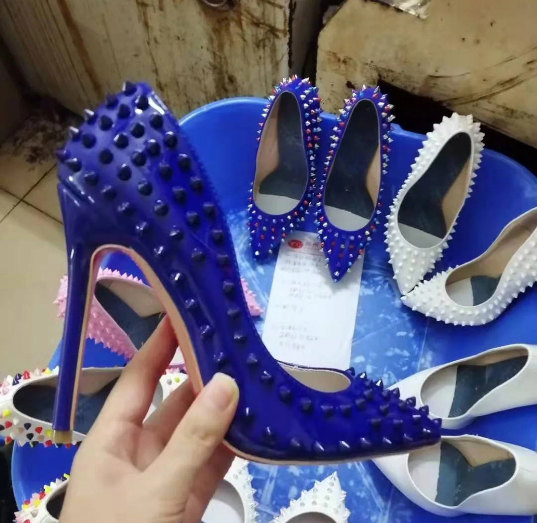 

Fashion Dark Blue Rivets Studs Pumps Woman Spikes Patent Leather Pointed Toe Thin High Heels Female Evening Party Shoes