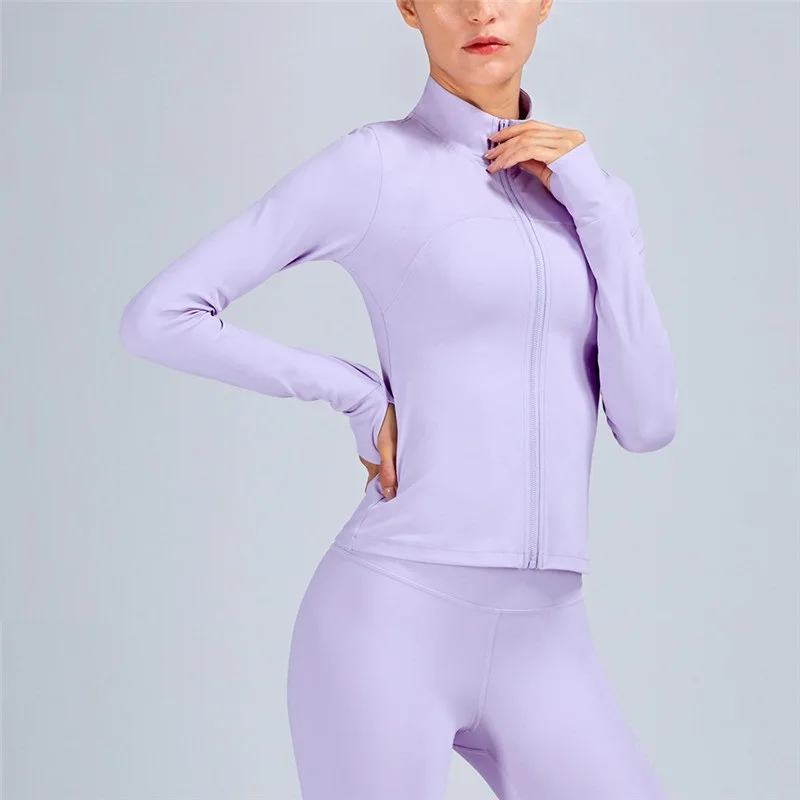 Solid Color Women Sport Jacket Long Sleeve Zip Gym High Neck Zipper Casual Yoga Wear Coat Run Fitness Top Comprehensive Training