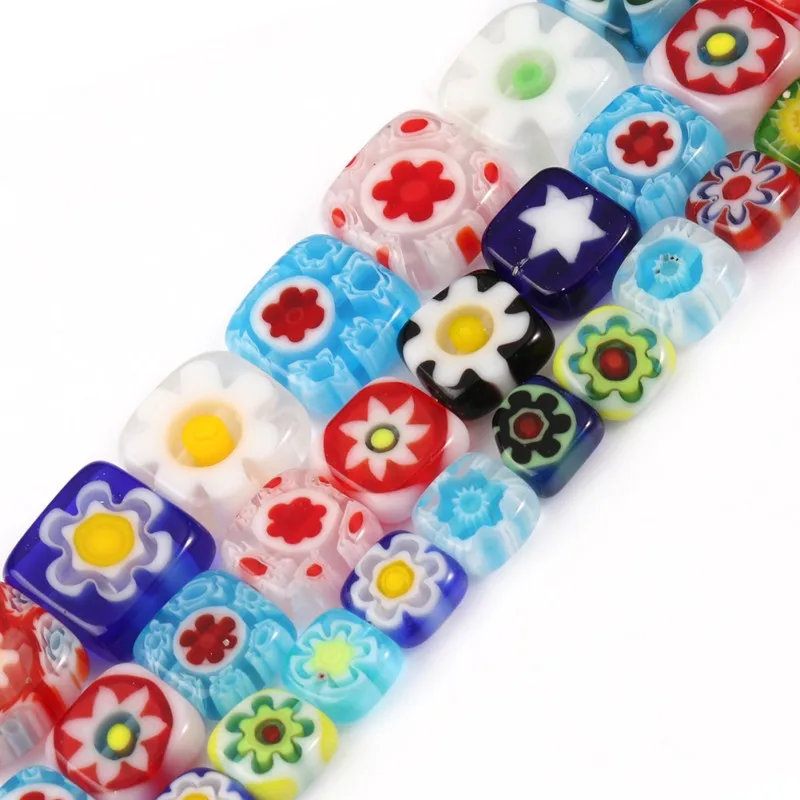 6 8 10mm Square Shape Millefiori Flower Patterns Lampwork Glass Loose Spacer Beads for Jewelry Making Diy Bracelet Accessories