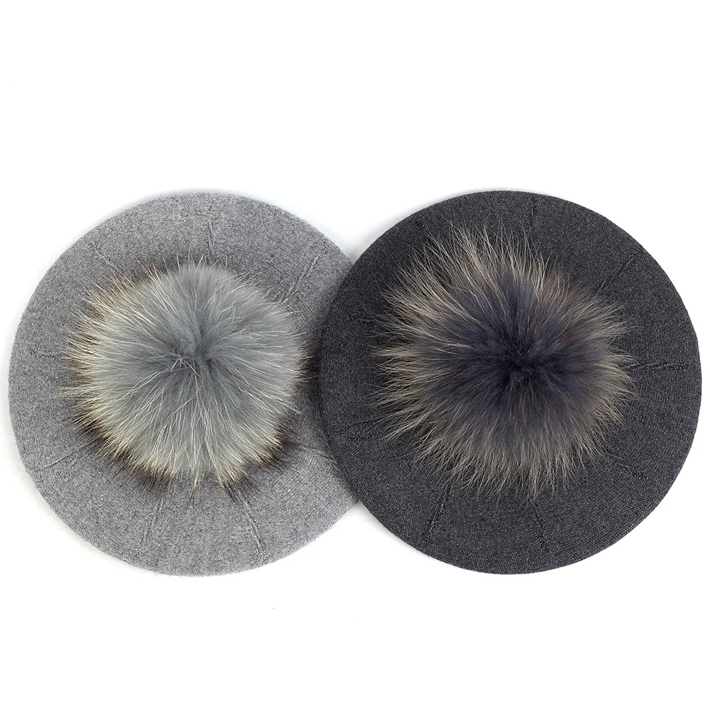 Fashion Elegant Sweet Women Beret Warm Winter Autumn Hat Lovely Ladies Party Hats Cap with 15 cm Real Fur Pompom Female Gift