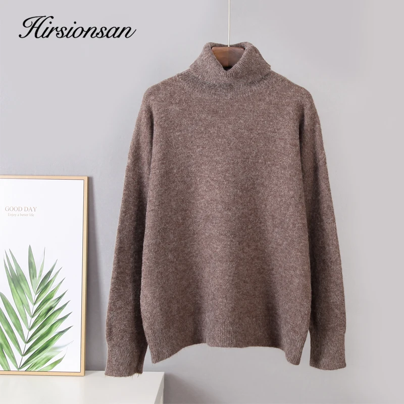 Hirsionsan turtle Neck Solid Cashmere Sweater Women Elegant Soft Warm Female Knitted Pullovers Basic Loose female Jumper