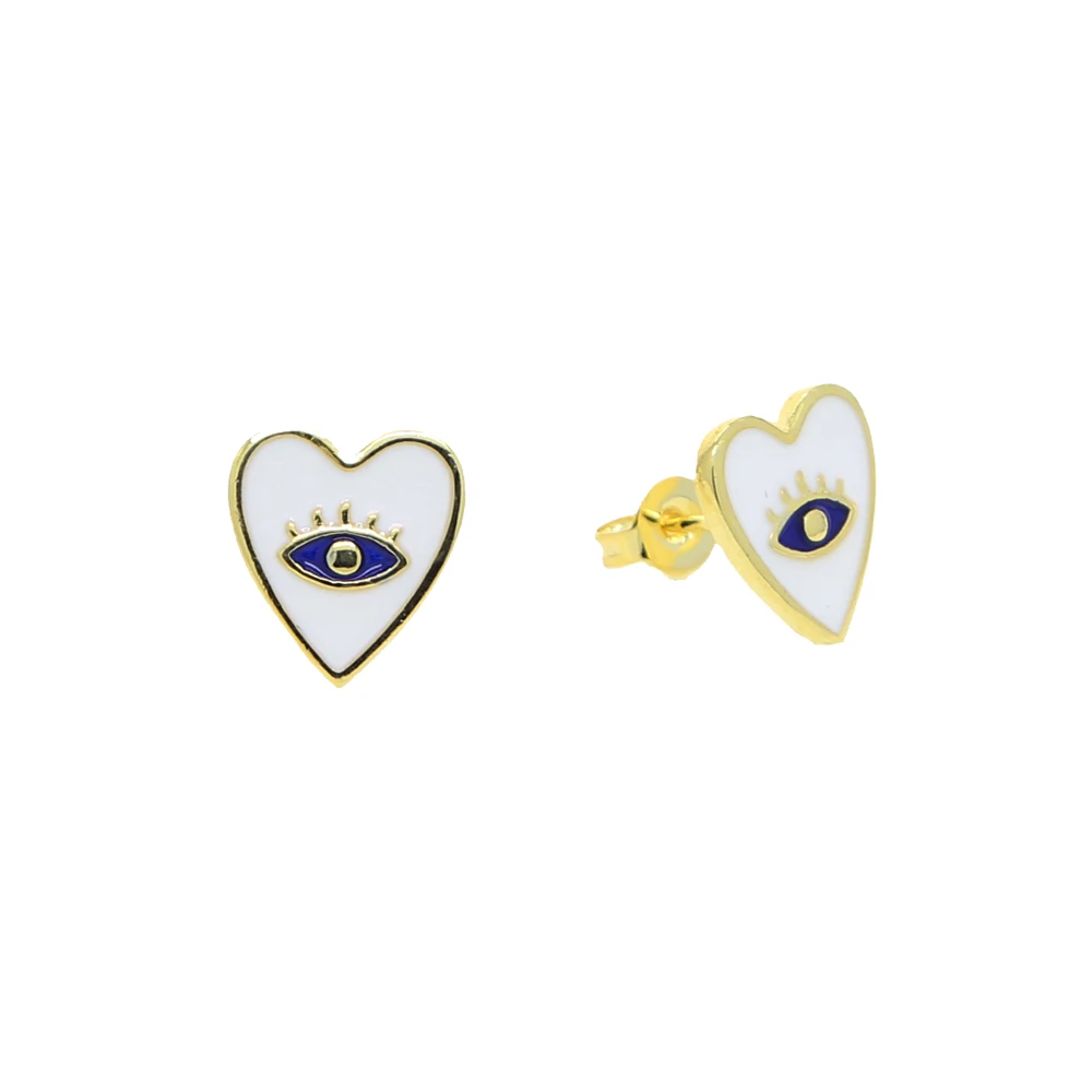 White Blue Enamel Lucky Evil Eye Engraved Heart Shape Stud Earring Gold Color