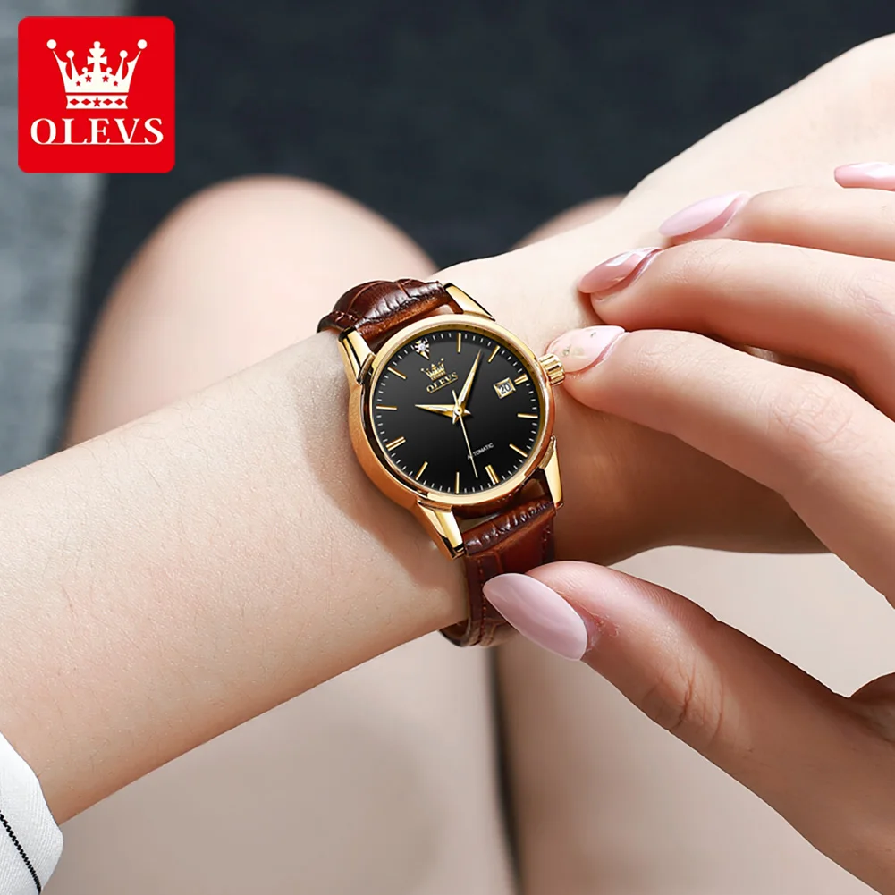 OLEVS Top Brand Luxury Women\'s Dress Watches Automatic Mechanical Leather Wrist Watch Ladies Fashion  Waterproof Classic Watch