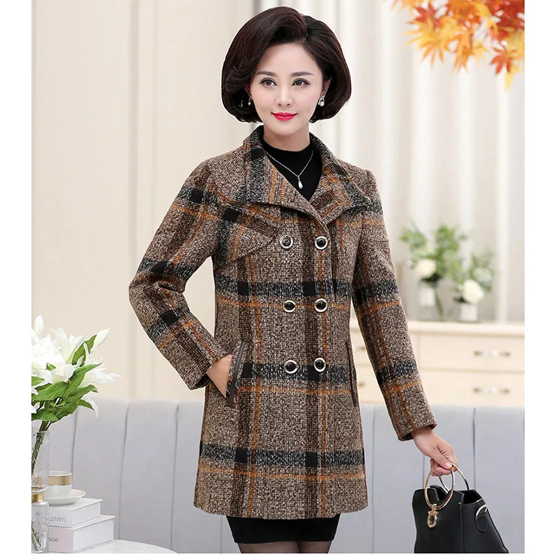 Women\'s Woolen Coat Winter Add Cotton Warm Windbreaker Jacket Temperament Mother Clothing Plaid Wool Coat 5XL W1705