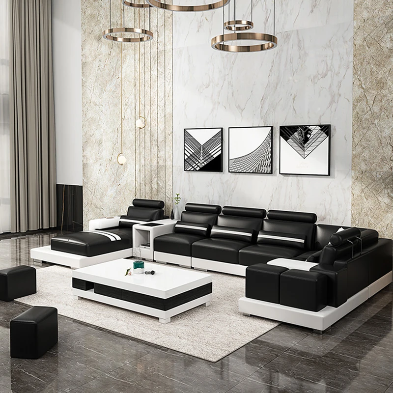 Modern minimalist head-floor cowhide villa size family U-shaped creative fashion feature leather sofa