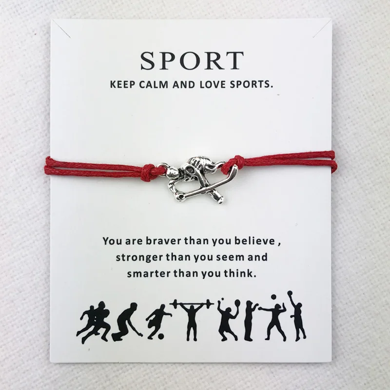 Tibetan Silver Hockey Athlete Connection Charms Cuff Multilayer Wax Rope Sports Bracelets Women Men With Card Bracelet Jewelry