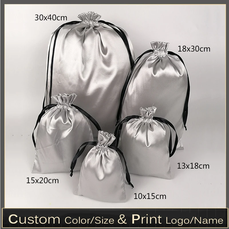 Silk Satin Packaging Bags Custom Logo Print Packaging Hair/Makeup/Shoes/Clothes/HandBag/Makeup Bag Drawstring Storage Pocket