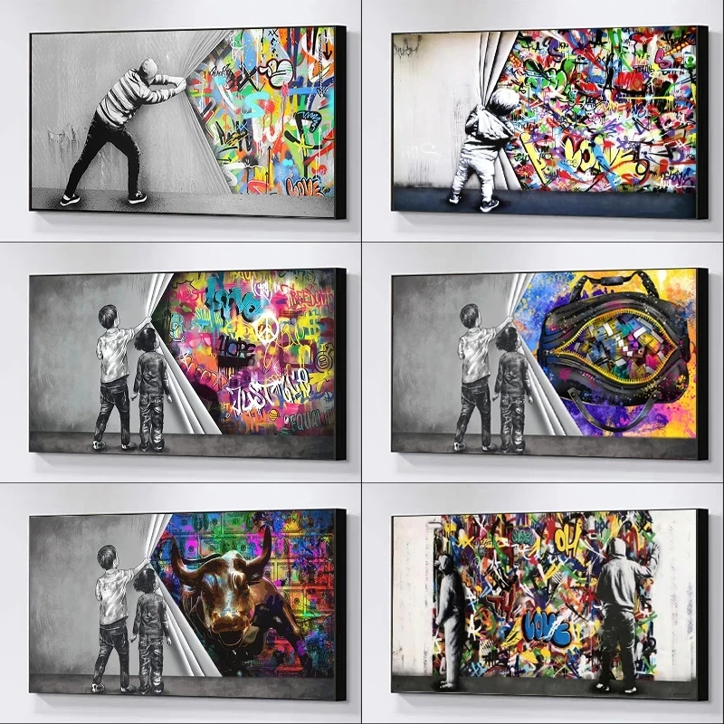

Kids Graffiti Art Painting Posters and Prints on The Wall of Lovers Behind The Scenes Modern Street Art Pictures Home Decoration