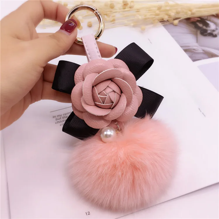 Korea Creative Bow Camellia Key Chain Bag Pendant Ladies Fox Fur Ball Key Ring Fashion Charm Pendant  Luxury Keychain