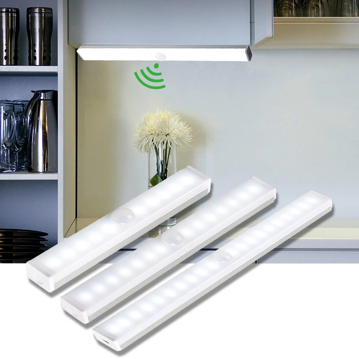 Long Strip Night Lamp, Sensor de Movimento PIR Magnético, Luz do Armário, USB Recarregável, Casa, Quarto, Escadas, Cozinha, 10, 14, 20, 36 LEDs