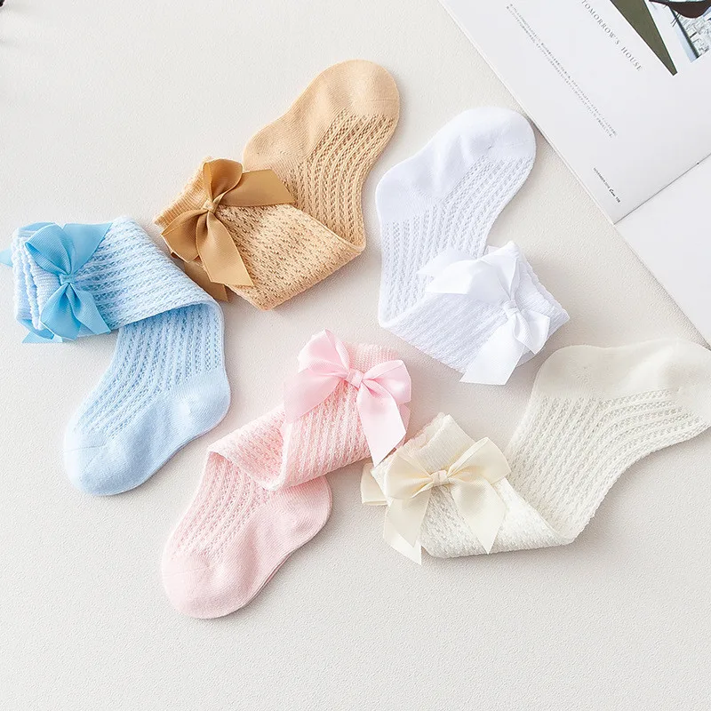 New Summer Baby Girl Socks Mesh Thin Big Bow Infant Long Knee High Sock Cotton Newborn Socks for Girls Age for 0 to3year