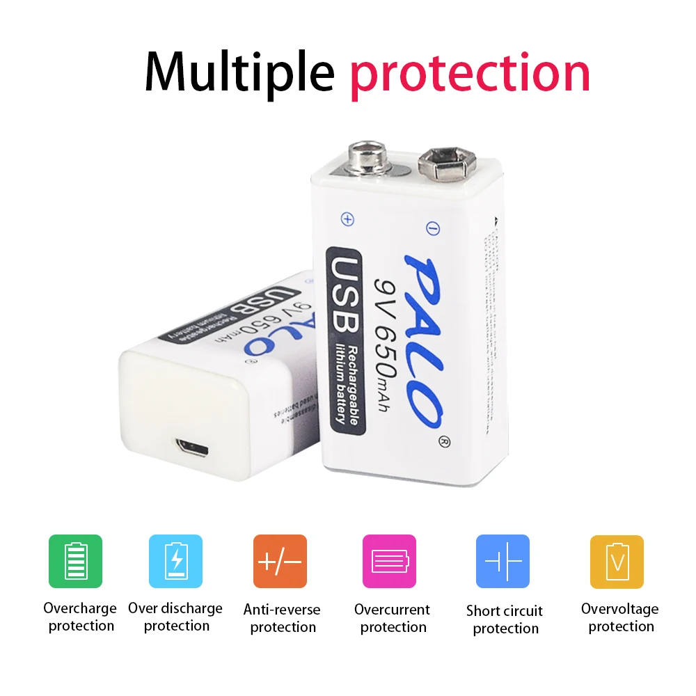PALO Lithium Batteries 9V USB Rechargeable Battery 650mah Bateria For Walkie Talkie Household Massager Metal Detector Flashlight