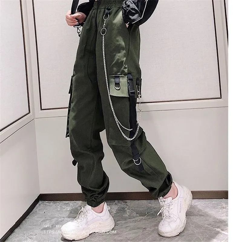 Women\'s Cargo Pants Buckle Ribbon Pocket Jogger Elastic Waist High Streetwear Harajuku Pant Punk Ring Chain Females Trousers