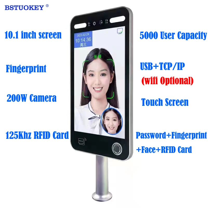 

10.1 inch Touch Screen Face Recognition Device Dynamic TCP/IP Fingerprint Employee Time Attendance Access Control Wifi Optional