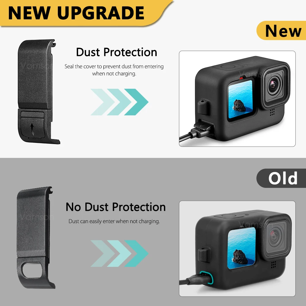 Vamson 렌즈 캡이 있는 실리콘 보호 커버, 고프로 히어로 12 11 10 9 용 블랙 배터리 사이드 케이스, 고프로 10 액세서리