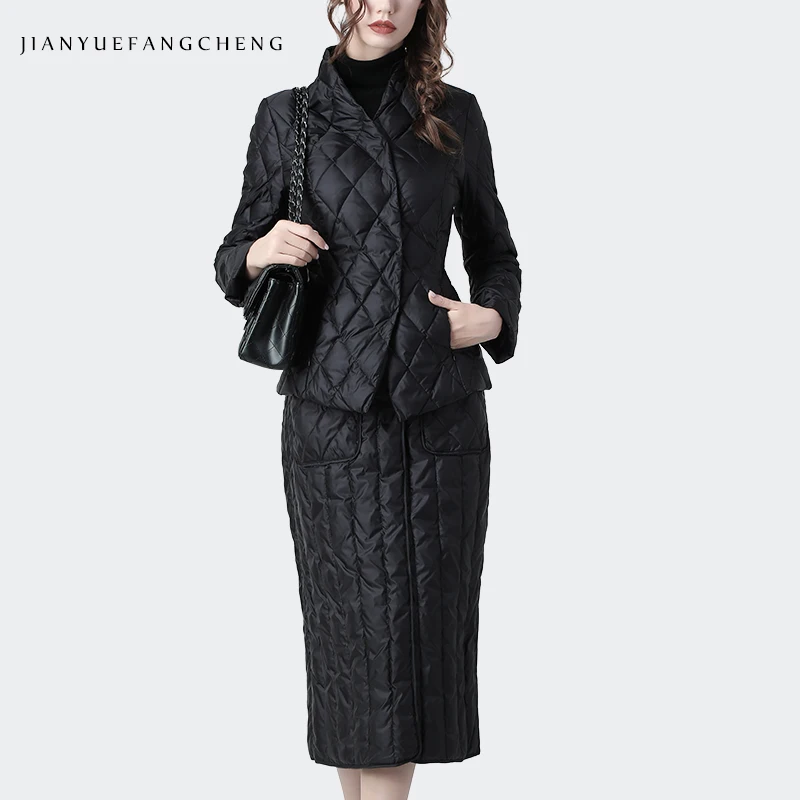 Women 2 Piece Set Jacket and Skirt Winter Plus Size Thicken Warm Black Duck Down 2 Piece Set Womens Outfits Ladies Clothing