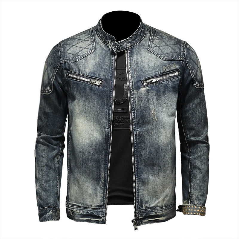 

2021 Stand-up Collar Denim Jacket Men Spring Autumn New Style Personality Motorcycle Jean Jacket Man Lapel Zipper Coat 5XL