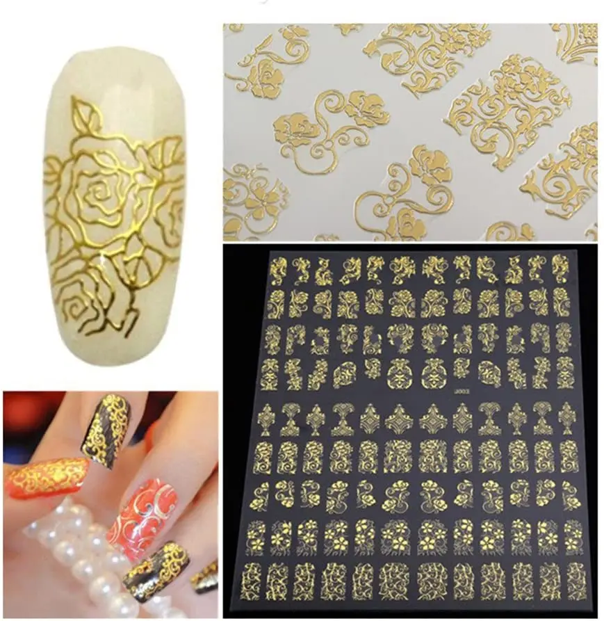 Warm Girl 4sheet 3D Flower Nail Art Stickers DIY Nail Decoration Tools(Glod Sliver Black White)