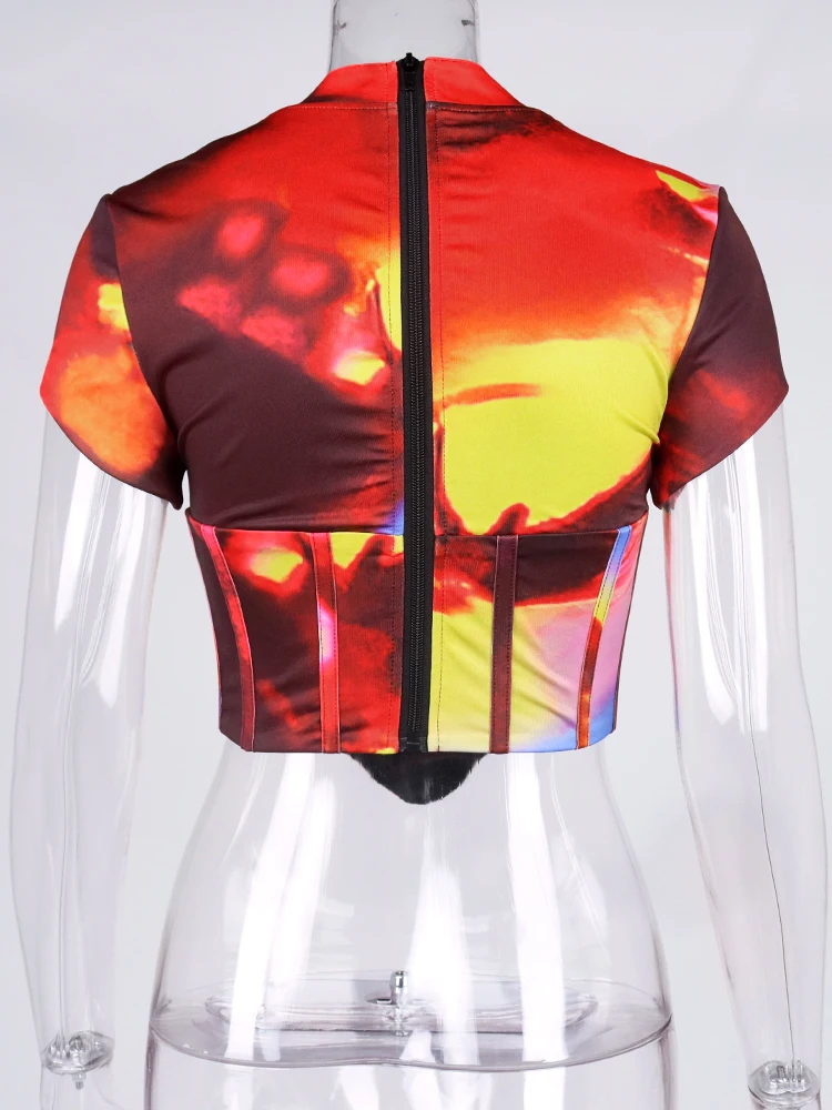 NewAsia Tie Dye Corset Top Hollow out Boned 2 Layer Mandarin Collar Zipper Short Sleeve Print Blouses Women Sexy y2k Crop Top