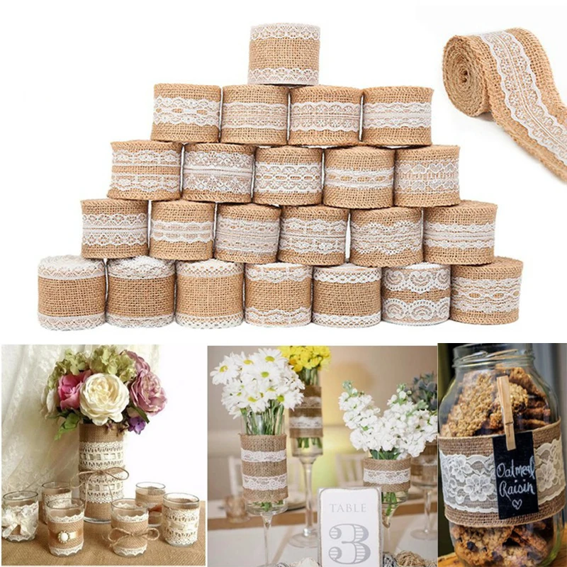 2M/roll Natural Jute Burlap Ribbon Hessian Lace Jute Twine Hemp Cord Vintage Rustic Wedding Decoration Christmas Party Supplies