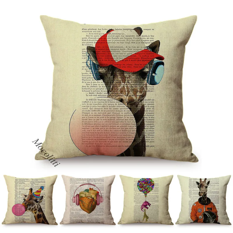 Funny Animal Poster Style Pillow Case Baby Nursery Art Woodland Giraffe Chewing Gum Elephant Skull Home Decor Sofa Cushion Cover