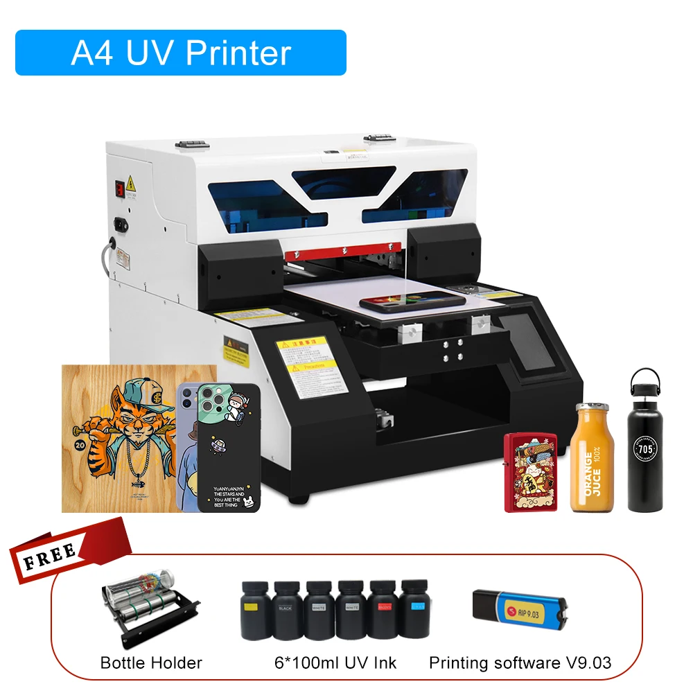 A4 UV Printer Automatic UV Printer Cylinder Rotating Bottle Printing Machine A4 UV Printer For Phone Case Acrylic Glass Metal