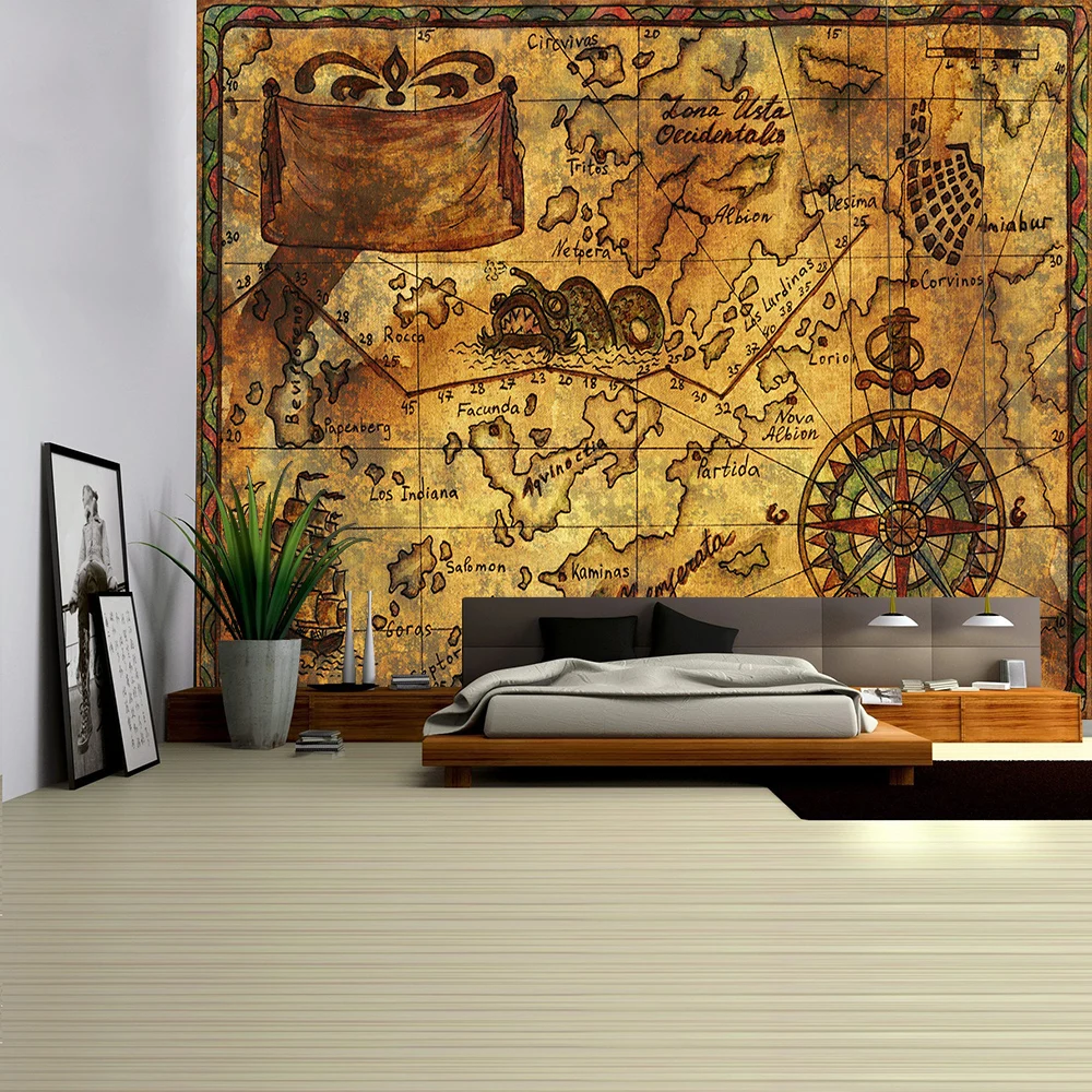 Nautical Chart Tapestry Room Hanging Decoration Pirate Treasure Map Hanging Decor Watercolor Map Letter Polyester Tapiz