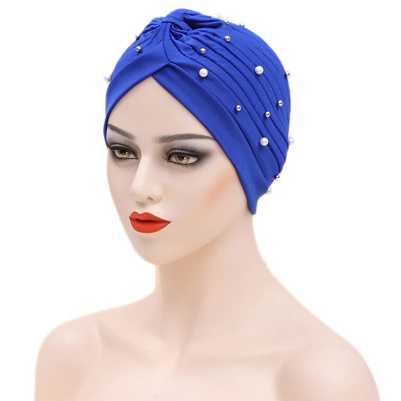 

Indian Women Muslim Knot Pleated Hijab Bonnet Beads Turban Chemo Cap Hair Loss Hat Beanie Islamic Cancer Headwrap Scarf Cover