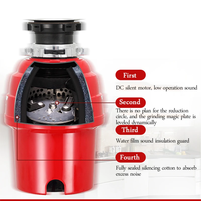 كسارة E50 التلقائي بالكامل الغذاء النفايات موتور تيار مباشر المعالج المنزلية عالية التكلفة الأداء كسارة المطبخ بالوعة المطبخ النفايات Cru