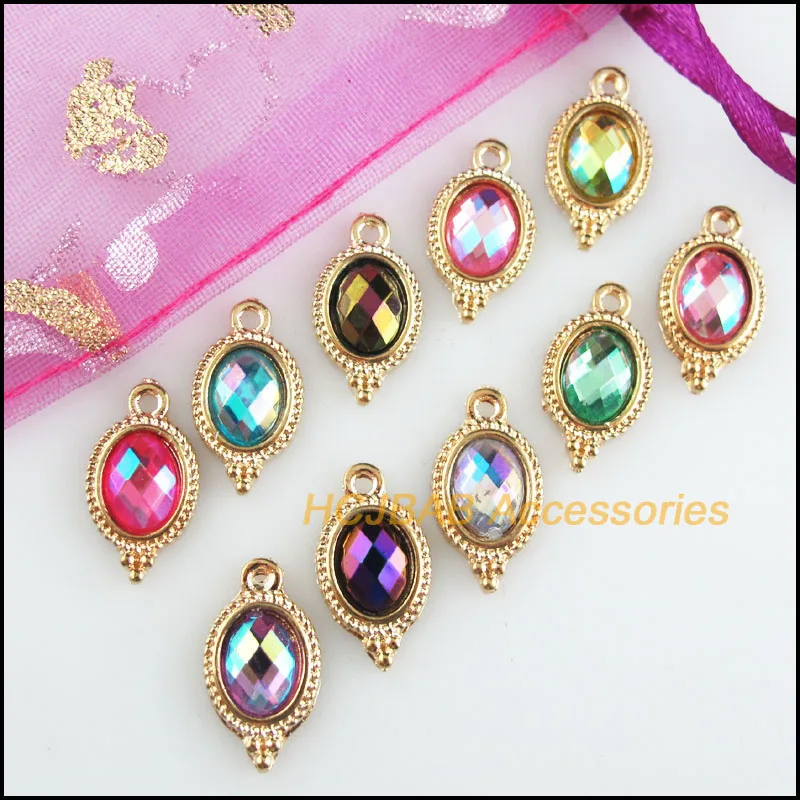 20Pcs Gold Color Oval Flower Mixed AB Acrylic Charms Pendants 9x17mm