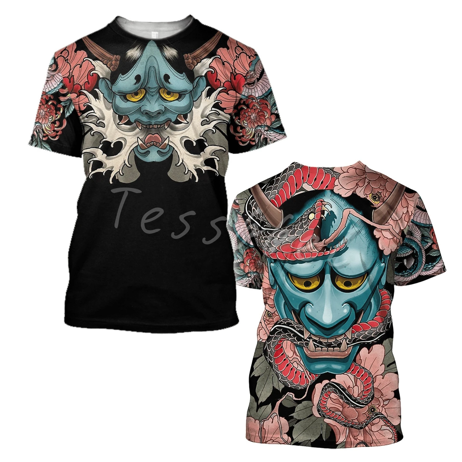 Tessffel Japan Mask 3D Print Fashion Tattoo Man's T-Shirts Summer Short-Sleeve Tops Streetwear Harajuku Casual Clothing Style-6