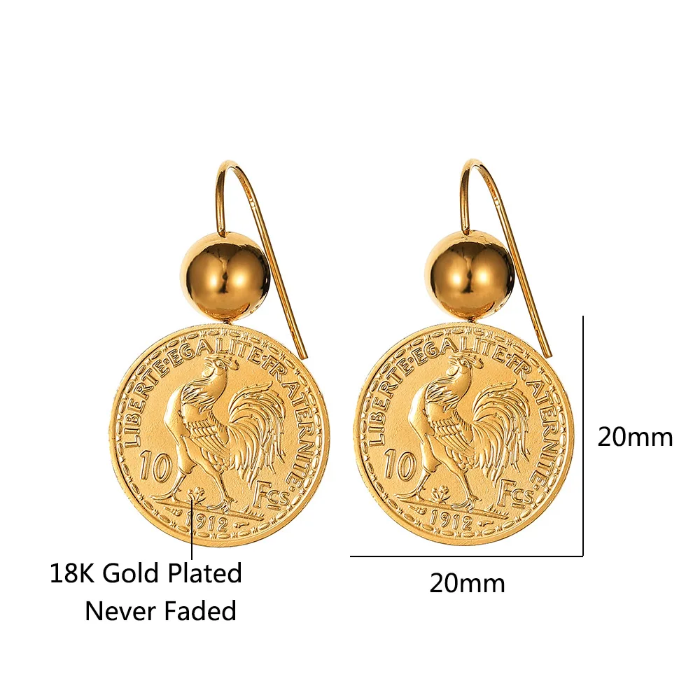 Vintage Engraved Coin Drop Dangle Earrings for Women 10 Franc Coin Round Pendant Earring Pendientes Drop Shipping