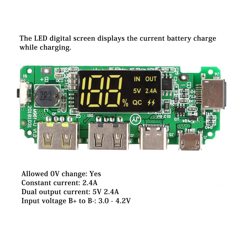 Módulo de carga de pantalla Digital, batería de litio 18650, salida USB Dual 5V2.4A con módulo de aumento de pantalla