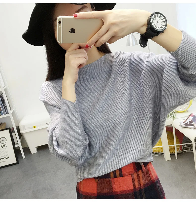 Autumn And Winter New Women Sweaters Bats Shirt Slash Neck Short Paragraph Female Knit Pullovers