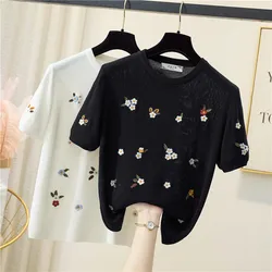 2021 new ladies pure cotton T-shirt round neck pullover short-sleeved casual knit top embroidery stitching sweater 4XL