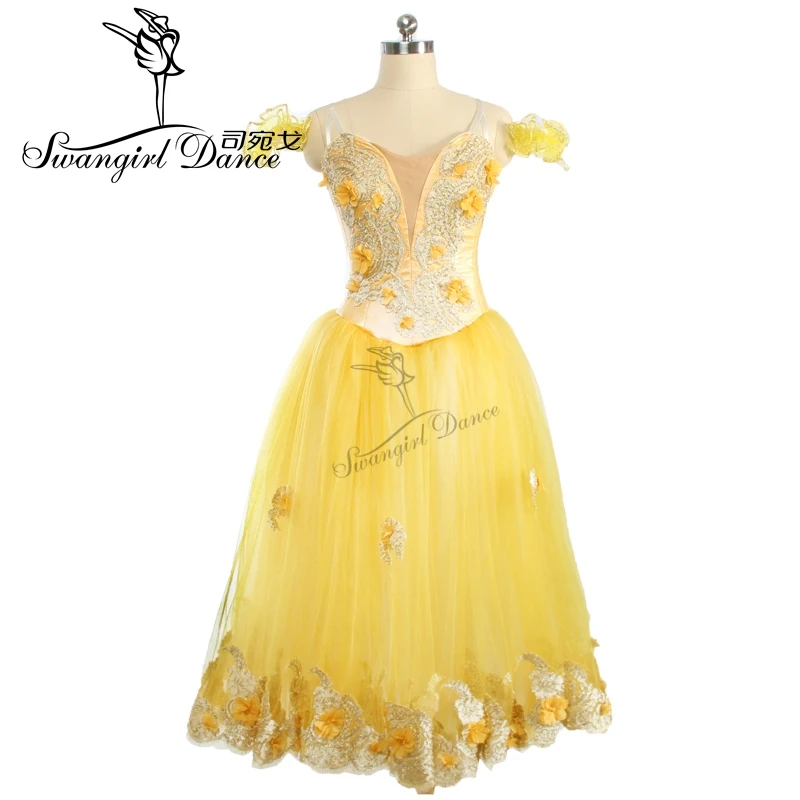 

Girls women adult long tutu floral yellow classical fairy romantic tutu dress stage ballet tutu costumes BT9167