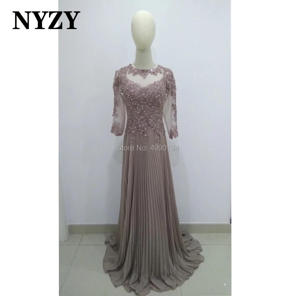 NYZY M308 – robe longue de la mère de la mariée, en mousseline de soie, manches 3/4 plissées, dentelle perles, élégante, robe de cérémonie de mariage, 2020